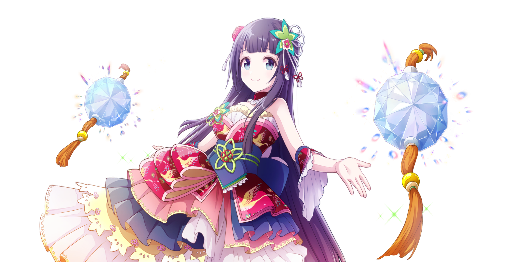 lapis re:lights, game cg, highres, official art, third-party source, 1girl, aqua eyes, black hair, blue sash, blue skirt, blunt bangs, breasts, closed mouth, crystal, detached collar, hair ornament, japanese clothes, kimono, large breasts, layered skirt, leaf hair ornament, long hair, looking at viewer, obi, outstretched hand, red kimono, red skirt, sash, simple background, skirt, smile, solo, sparkle, straight hair, strapless kimono, transparent background, very long hair, white skirt, yellow skirt, yuzuriha (lapis re:lights)