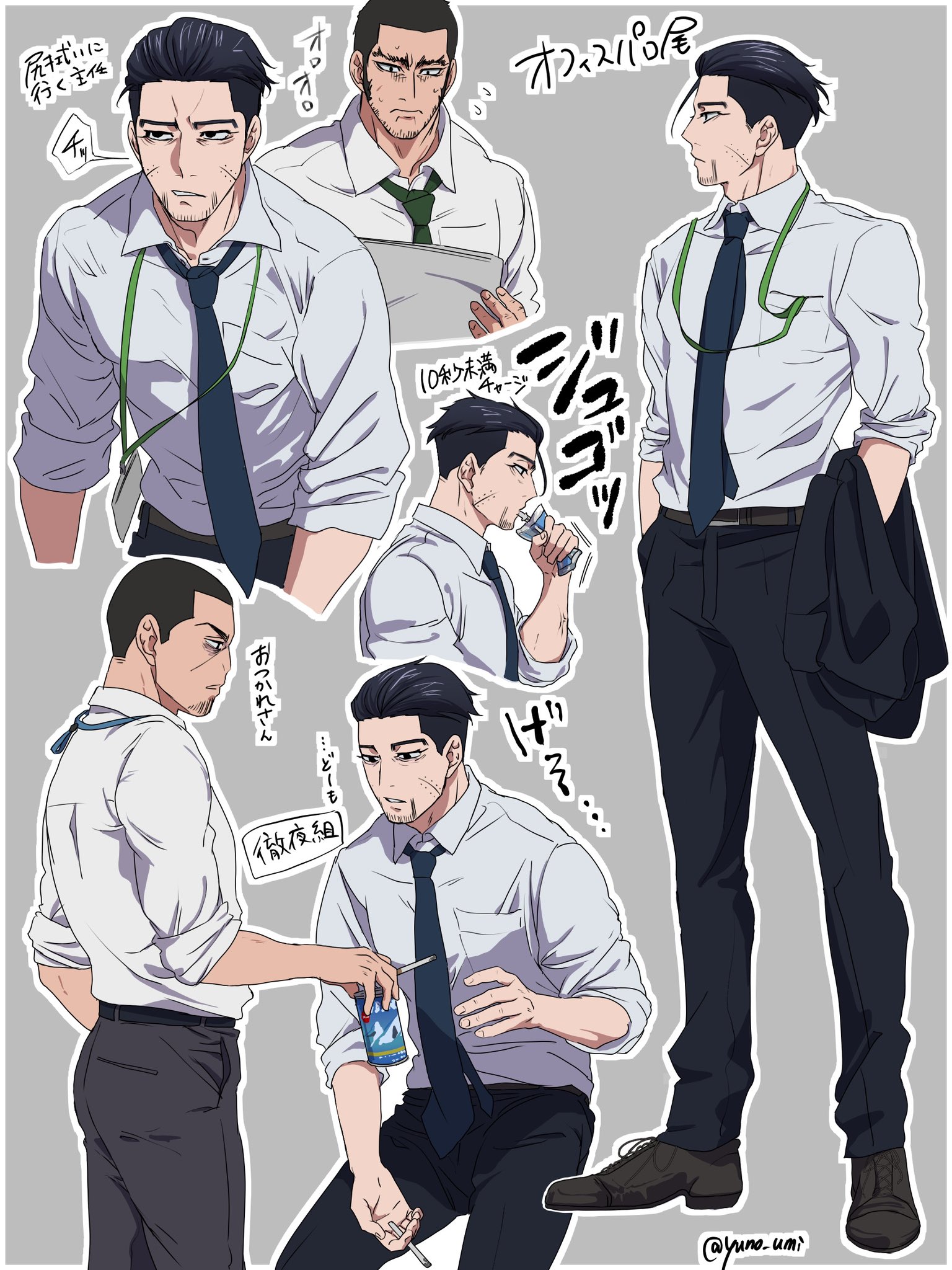 washiko (rasuko), ogata hyakunosuke, tanigaki genjirou, tsukishima hajime, golden kamuy, highres, 3boys, belt, black belt, black eyes, black necktie, black pants, border, can, canned coffee, cigarette, collared shirt, contemporary, crew cut, drink can, drinking, facial hair, goatee stubble, grimace, hands in pockets, holding, holding cigarette, holding jacket, holding unworn clothes, jacket, long sideburns, male focus, multiple boys, multiple views, necktie, pants, scar, scar on face, shirt, short hair, sideburns, smoking, stubble, undercut, unworn jacket, white border, white shirt