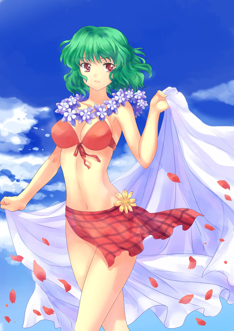 pico (picollector79), kazami yuuka, touhou, plaid, bad id, bad pixiv id, 1girl, adapted costume, bikini, day, female focus, flower, flower necklace, front-tie top, green hair, jewelry, lei, necklace, petals, red bikini, red eyes, sarong, short hair, solo, swimsuit, unworn sarong, wreath