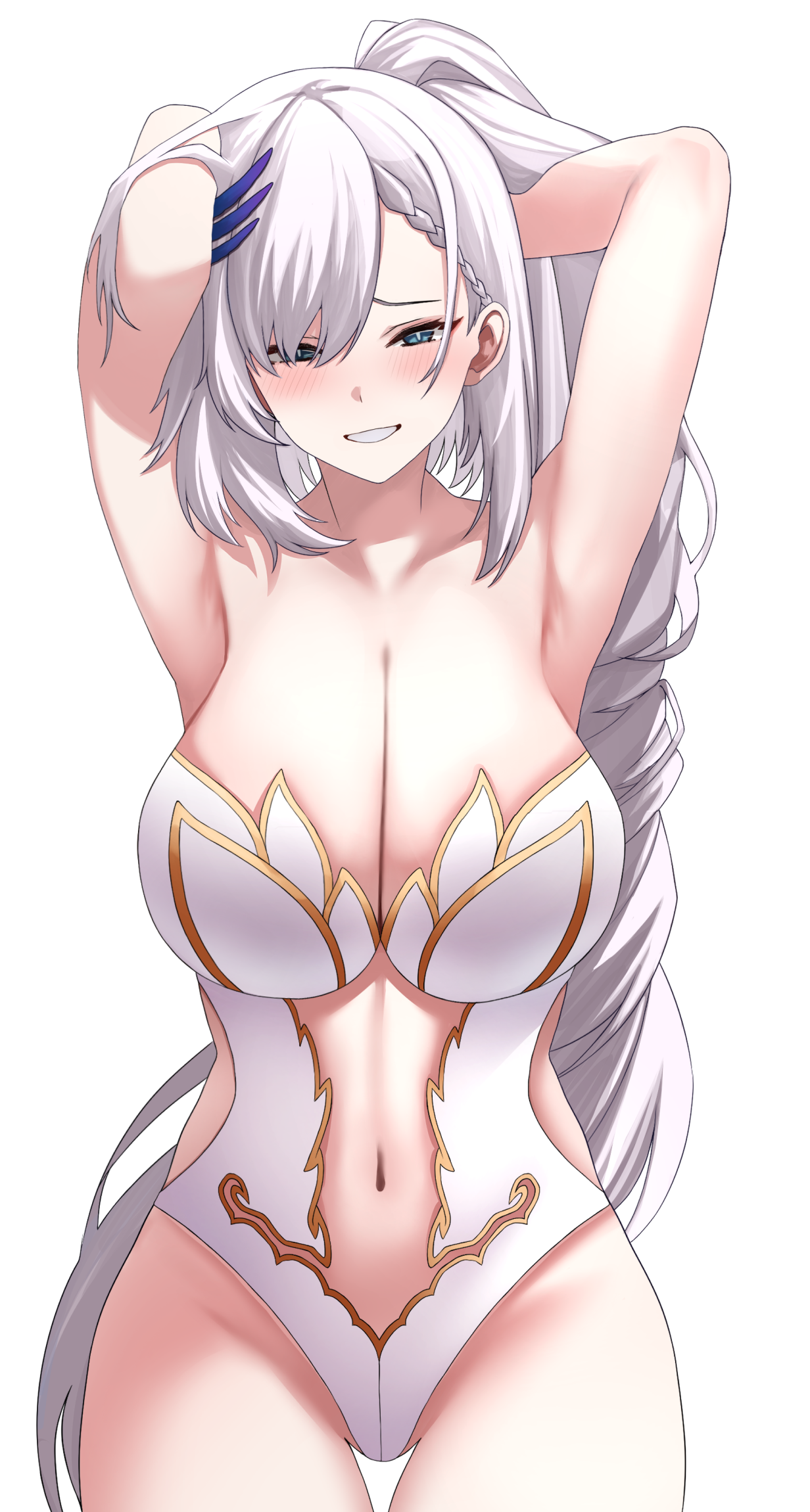 si farid, pavolia reine, hololive, hololive indonesia, highres, 1girl, adjusting hair, bare shoulders, blue eyes, blush, breasts, cleavage, clothing cutout, cowboy shot, large breasts, long hair, navel, one-piece swimsuit, parted lips, simple background, solo, stomach cutout, strapless, strapless one-piece swimsuit, swimsuit, white background, white hair, white one-piece swimsuit