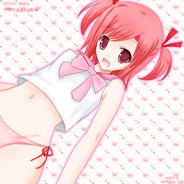 watakai yuu, sasaki makie, mahou sensei negima!, 00s, panties, pink hair, red eyes, sailor, school uniform, serafuku, short hair, side-tie panties, solo, twintails, two side up, underwear
