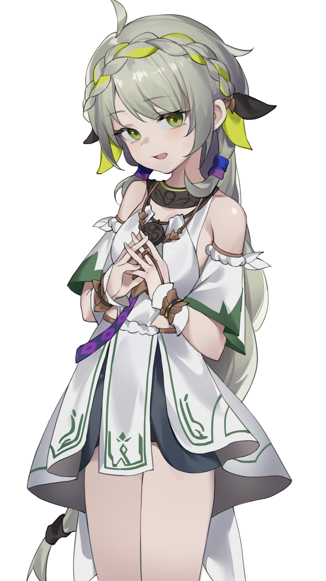 mofashi (sxaf8777), commentary, highres, 1girl, ahoge, airona (blue protocol), bare shoulders, blue protocol: star resonance, braid, cowboy shot, detached sleeves, dress, green eyes, green hair, interlocked fingers, jewelry, long hair, multicolored dress, multicolored hair, necklace, standing, very long hair, white background, white dress, wrist cuffs
