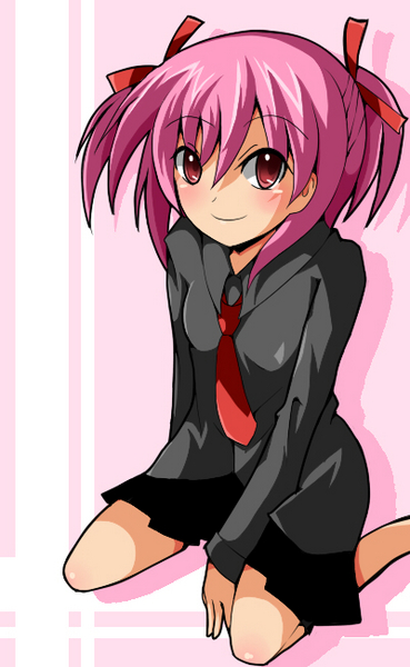 shin-mottie, sasaki makie, mahou sensei negima!, pixiv sample, resized, 00s, kneeling, necktie, pink hair, red eyes, short hair, twintails
