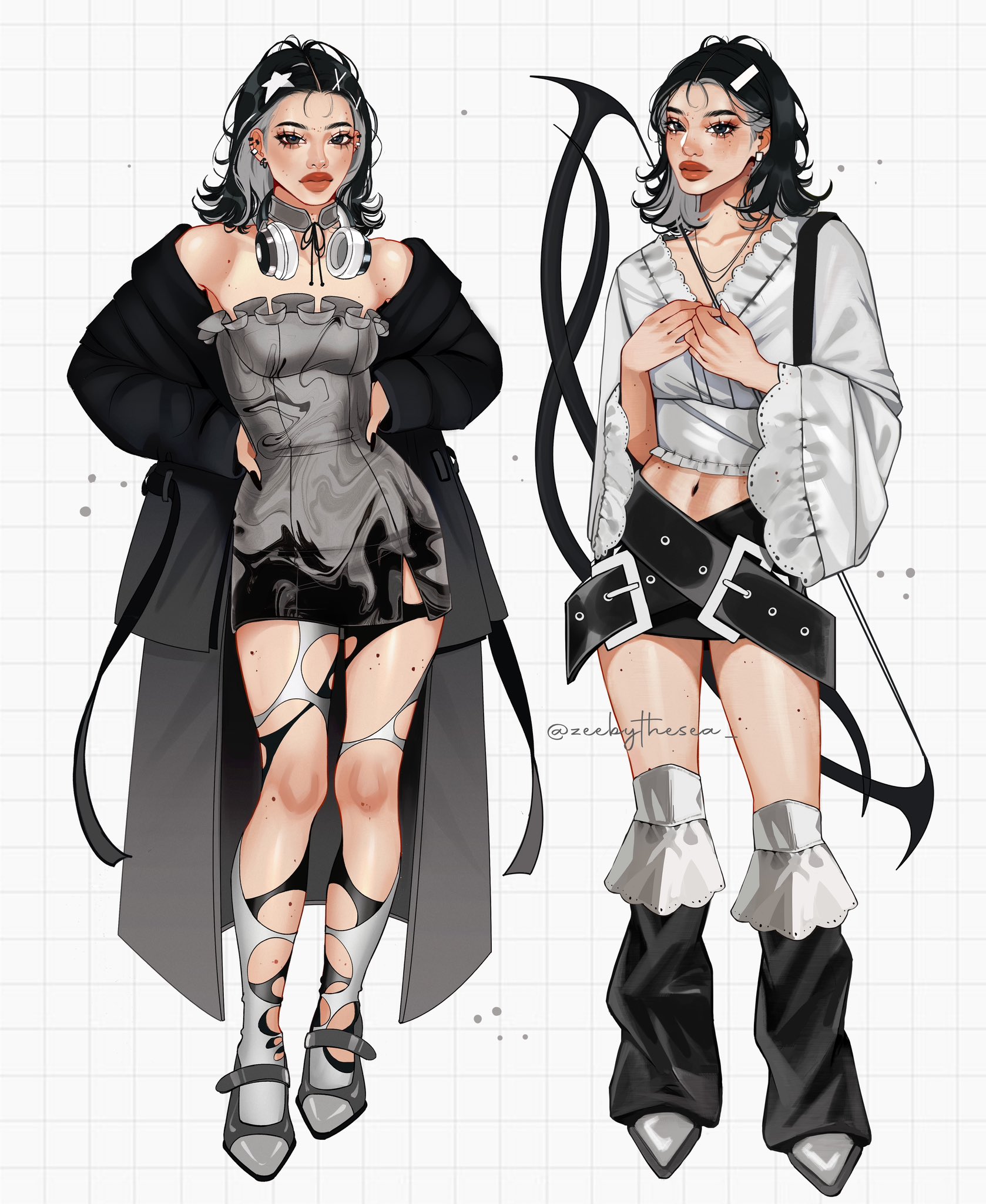 zeebythesea, original, highres, 1girl, abstract, aegyo sal, asymmetrical pantyhose, belt, belt skirt, black coat, black dress, black hair, black nails, black pantyhose, black skirt, bow (weapon), closed mouth, coat, collar, collarbone, colored inner hair, cropped kimono, detached pants, dress, ear piercing, earrings, eyelashes, fashion, fingernails, flipped hair, forehead, frilled dress, frilled kimono, frilled pants, frills, full body, gradient coat, grey collar, grey dress, grey hair, grey pantyhose, grey shoes, grey streaks, grid background, hair behind ear, hair ornament, hairclip, hands on own chest, hands on own hips, headphones, headphones around neck, japanese clothes, jewelry, kimono, kitten heels, large belt, long fingernails, looking at viewer, medium hair, midriff, mole, mole on arm, mole on cheek, mole on collarbone, mole on forehead, mole on leg, mole on neck, mole on shoulder, mole on stomach, multicolored hair, multiple moles, multiple views, navel, necklace, open clothes, open coat, orange lips, pants, pantyhose, parted bangs, piercing, shoes, short dress, side slit, silver (zeebythesea), skirt, star (symbol), star hair ornament, strapless, strapless dress, streetwear, thick eyebrows, thick lips, torn clothes, torn pantyhose, trench coat, twitter username, two-tone dress, two-tone pantyhose, weapon, weapon on back, white background, white kimono, white nails, wide sleeves