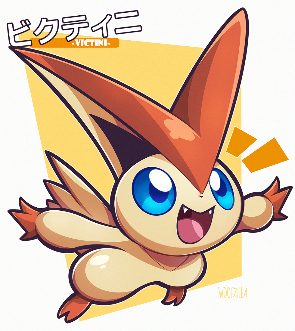 woofzilla, victini, nintendo, pokemon, commentary, english commentary, translation request, blue eyes, character name, fangs, full body, gen 5 pokemon, happy, legendary pokemon, mythical pokemon, no humans, open mouth, outstretched arms, pokemon (creature), signature, simple background, solo, spread arms, white background