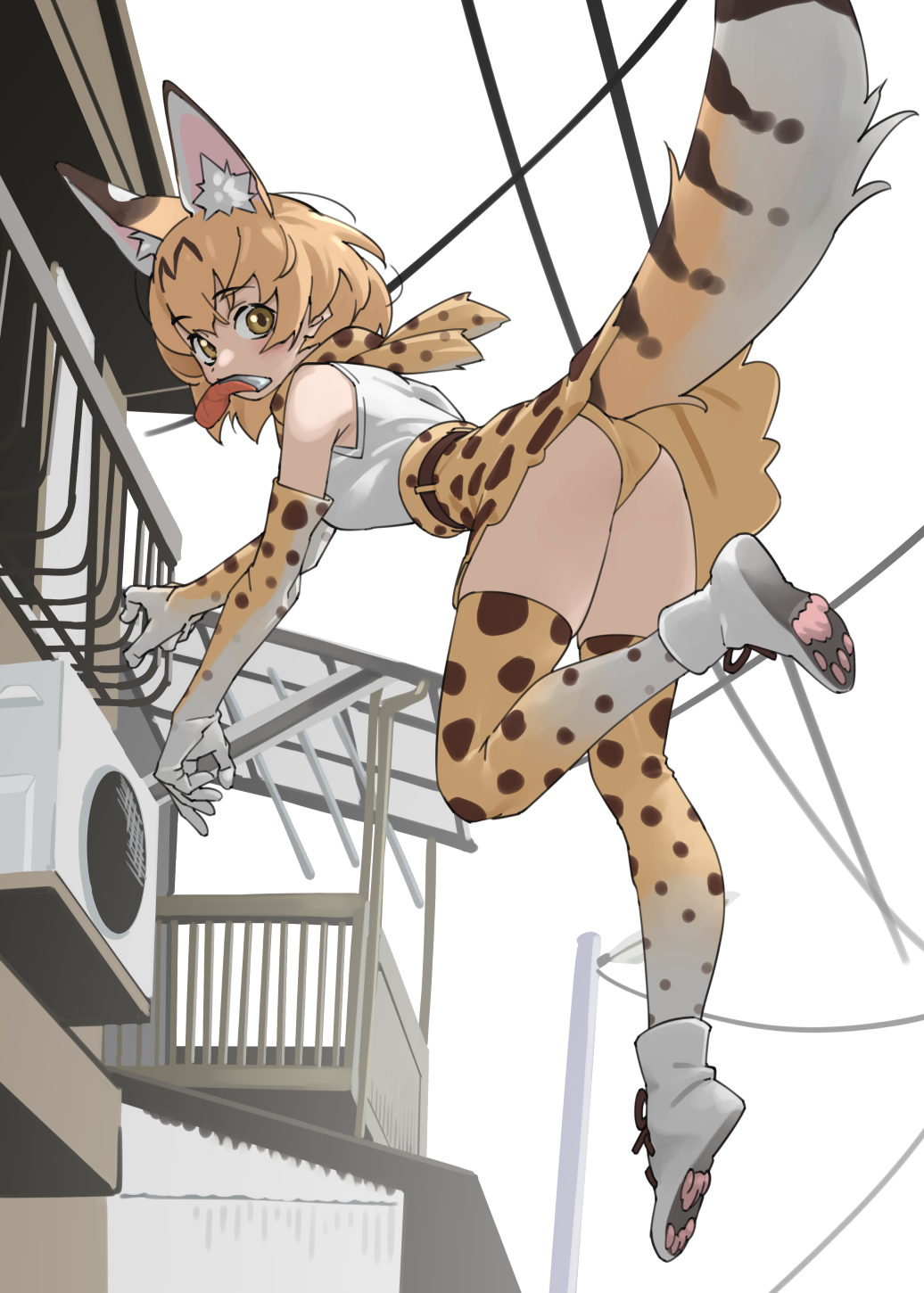tanabe (fueisei), serval (kemono friends), kemono friends, commentary request, highres, 1girl, against railing, animal ear fluff, animal print, ass, bare shoulders, belt, blonde hair, breasts, condenser unit, elbow gloves, extra ears, food in mouth, from behind, full body, gloves, grey background, hair between eyes, jumping, large breasts, looking at viewer, looking back, orange eyes, panties, pantyshot, paw shoes, print gloves, print panties, print skirt, print thighhighs, railing, shirt, short hair, simple background, skirt, sleeveless, sleeveless shirt, solo, tail, thighhighs, thighs, underwear, white shirt