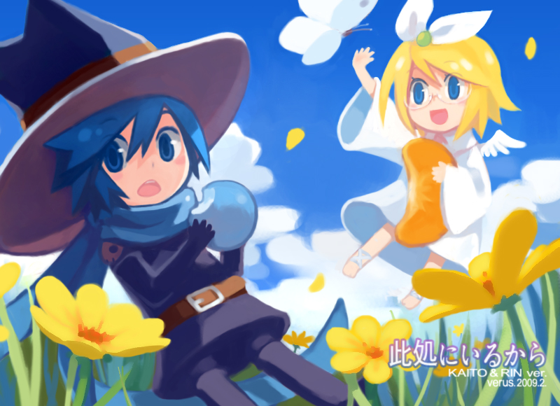 verus, kagamine rin, kaito (vocaloid), vocaloid, 1boy, 1girl, blonde hair, blue eyes, blue hair, blue scarf, bug, butterfly, day, flower, glasses, hair ribbon, hat, outdoors, ribbon, scard, scarf, short hair, witch hat