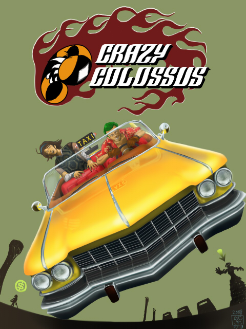 mizu murasaki, axel (crazy taxi), wander (shadow of the colossus), cadillac, crazy taxi, sega, shadow of the colossus, 2boys, bandages, brown hair, car, colossus, crossover, game console, green hair, hairband, motor vehicle, multiple boys, open clothes, open shirt, parody, playstation 2, poncho, shirt, short hair, taxi, vehicle focus, video game