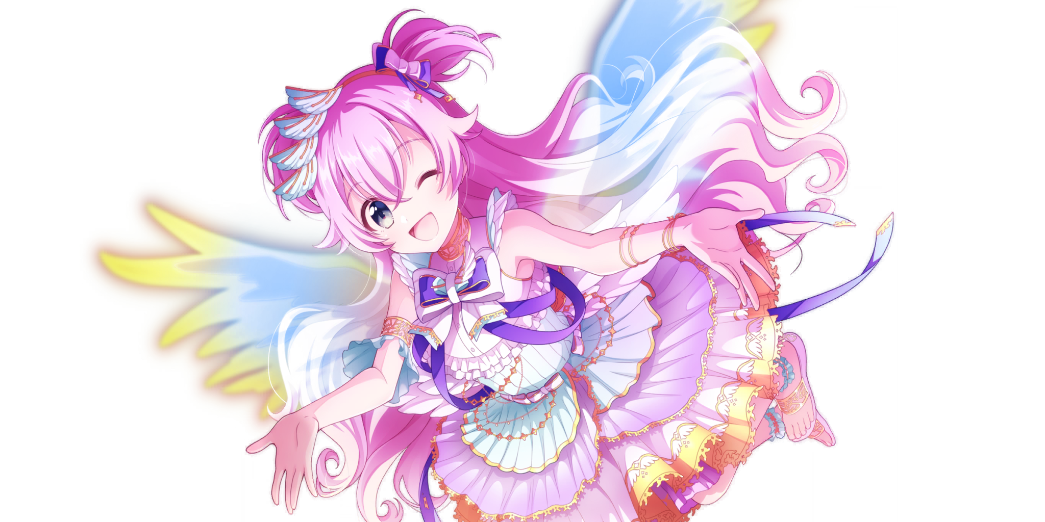 lapis re:lights, gold armlet, game cg, highres, official art, third-party source, 1girl, ;d, angers (lapis re:lights), armlet, bare shoulders, bow, bowtie, bracelet, dot nose, double-parted bangs, dress, frilled dress, frills, gold bracelet, gold choker, grey eyes, hair bow, hair ornament, jewelry, layered skirt, long hair, looking at viewer, one eye closed, open mouth, outstretched arms, pink bow, pink hair, pink skirt, purple bow, purple ribbon, ribbon, sandals, short twintails, simple background, skirt, sleeveless, sleeveless dress, smile, solo, transparent background, transparent wings, twintails, white bow, white bowtie, white dress, white sandals, white skirt, white wings, wings, yellow skirt