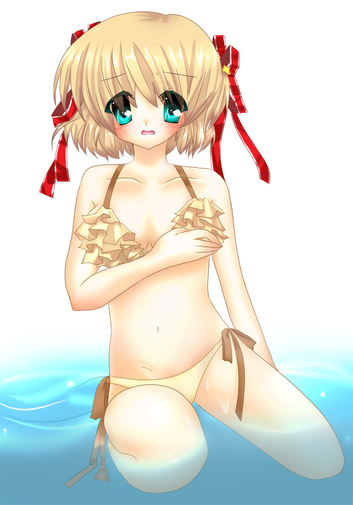 sawayama, kamikita komari, little busters!, bad id, bad pixiv id, aqua eyes, bikini, blonde hair, blush, lingerie, ribbon, short hair, solo, swimsuit, underwear