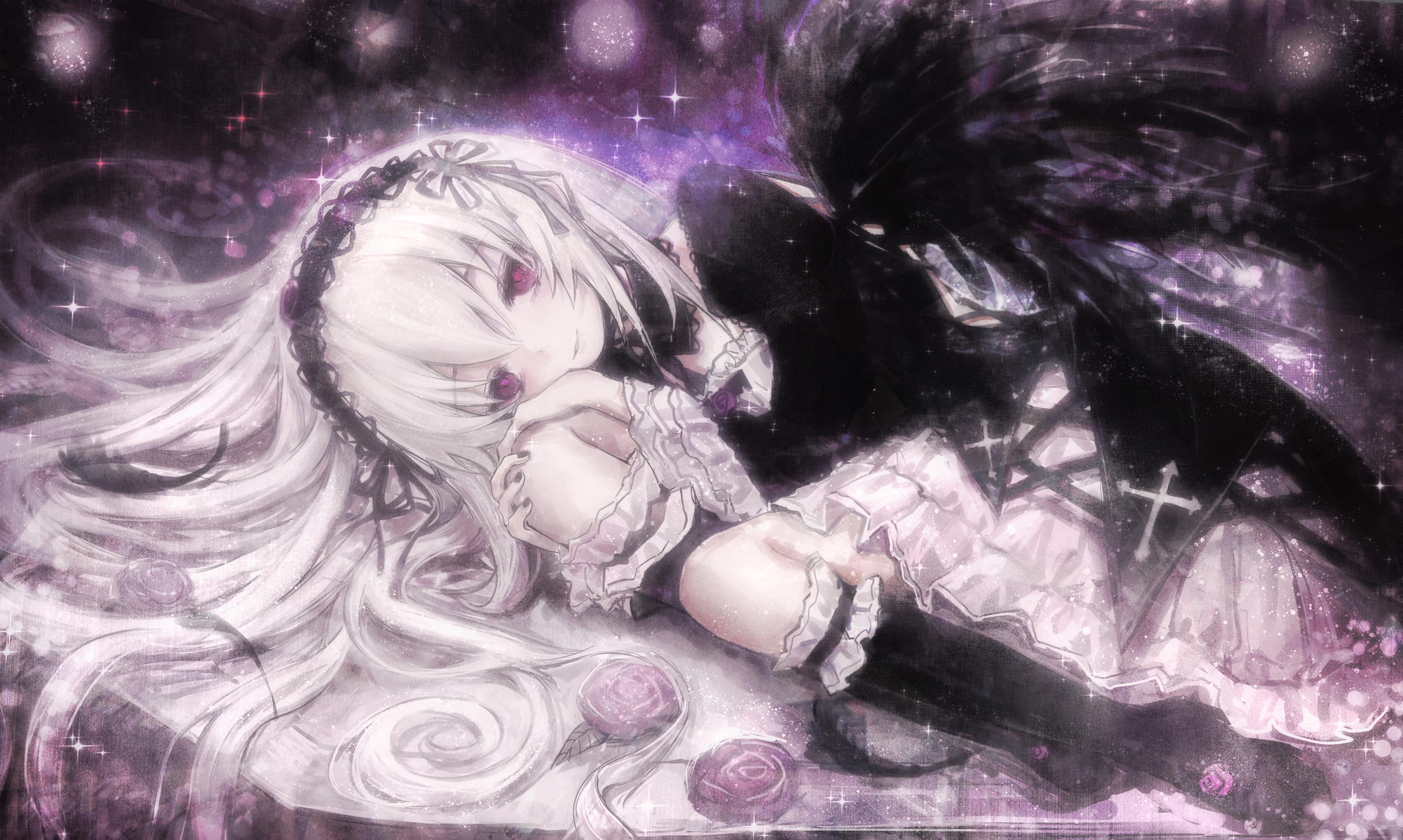 hezaizhou, suigintou, rozen maiden, commentary request, highres, 1girl, black boots, black collar, black dress, black feathers, black hairband, black nails, black ribbon, black wings, boots, collar, cross, cross-laced clothes, cross-laced dress, detached collar, dress, feathers, fingernails, flower, frilled collar, frilled dress, frilled hairband, frills, full body, gothic lolita, hair between eyes, hair ribbon, hair spread out, hairband, knee boots, knee up, layered dress, lolita fashion, lolita hairband, long hair, long sleeves, lying, neck ribbon, on side, purple eyes, purple flower, purple rose, ribbon, rose, solo, very long hair, white dress, white hair, wings