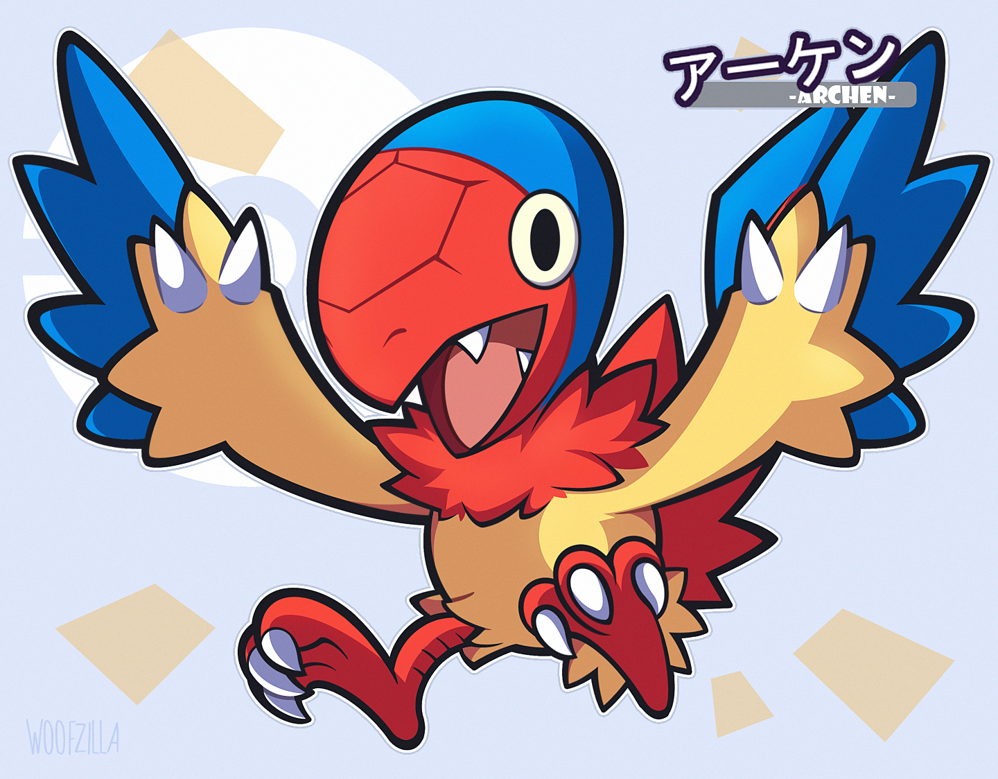 woofzilla, archen, nintendo, pokemon, commentary, english commentary, translation request, black eyes, claws, fangs, full body, gen 5 pokemon, grey background, looking at viewer, no humans, nostrils, open mouth, pokemon (creature)