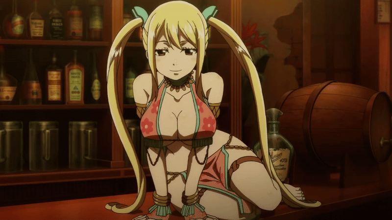 gemini (fairy tail), lucy heartfilia, fairy tail, fairy tail: dragon cry, animated, animated gif, anime screenshot, 1girl, alternate costume, alternate hairstyle, anklet, armlet, bar (place), barefoot, blonde hair, blush, bra, bracelet, breasts, cleavage, collarbone, curvy, feet, floral print, gemini (bar altair dancer) (fairy tail), jewelry, kneeling, large breasts, loincloth, long hair, long twintails, looking at viewer, lots of jewelry, lucy heartfilia (bar altair dancer) (fairy tail), official alternate costume, official alternate hairstyle, print bra, seductive gaze, seductive smile, sidelocks, smile, thighlet, twintails, underwear