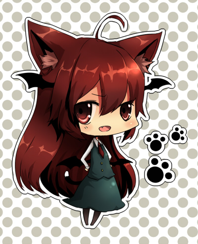 neota, koakuma, embodiment of scarlet devil, touhou, lowres, 1girl, animal ears, cat ears, cat girl, chibi, female focus, full body, head wings, solo, standing, wings