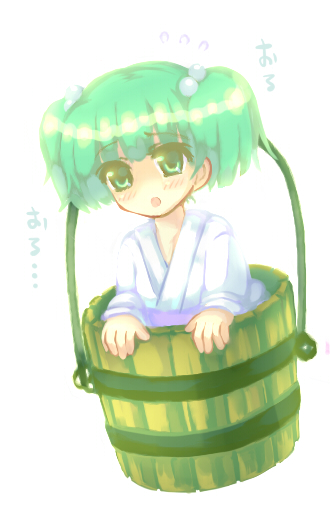 23, 23 (candy chapus), kisume, touhou, 1girl, bucket, female focus, green eyes, green hair, in bucket, in container, matching hair/eyes, solo