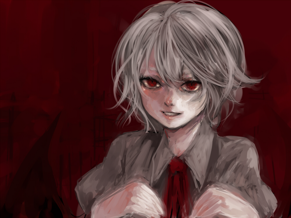minase (mmakina), remilia scarlet, touhou, silver hair, 1girl, collared shirt, female focus, hands on own chest, mud, necktie, red eyes, red necktie, shaded face, shirt, short hair, solo, upper body