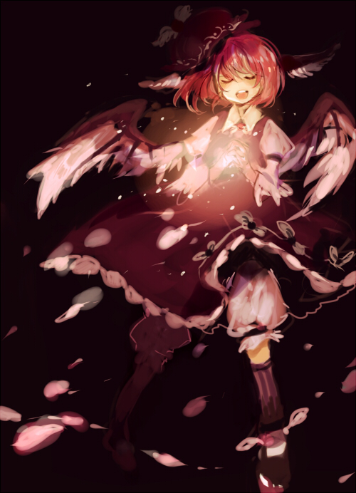 az, azuma aya, mystia lorelei, touhou, 1girl, animal ears, bloomers, brown hat, female focus, flying, glowing, hat, music, own hands clasped, own hands together, pink hair, short hair, singing, smile, solo, underwear, wings