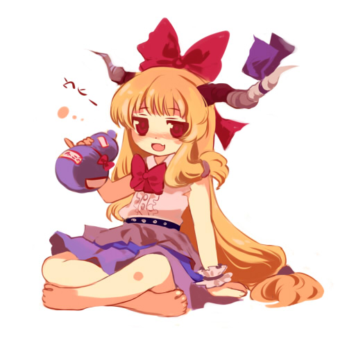 chaba (hortensia), ibuki suika, touhou, lowres, 1girl, barefoot, female focus, gourd, holding, holding gourd, horns, long hair, low-tied long hair, orange hair, red eyes, solo