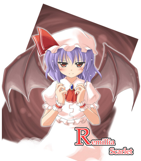 exe (artist), xe (execut3r), remilia scarlet, touhou, 1girl, blue hair, female focus, hat, mob cap, red eyes, solo, split mouth, white hat, wings
