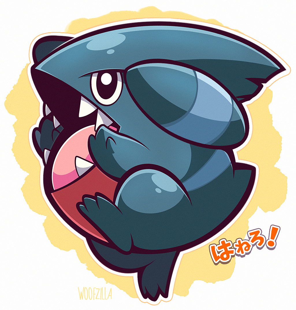 woofzilla, gible, nintendo, pokemon, commentary, english commentary, translation request, black eyes, bright pupils, full body, gen 4 pokemon, no humans, open mouth, outline, pokemon (creature), sharp teeth, simple background, solo, teeth, white background, white outline, white pupils