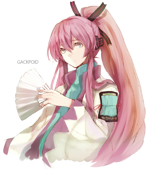 tetsuo (tashirosu), kamui gakupo, vocaloid, 1boy, aqua sweater, hand fan, high ponytail, holding, holding fan, male focus, ponytail, purple hair, simple background, solo, sweater