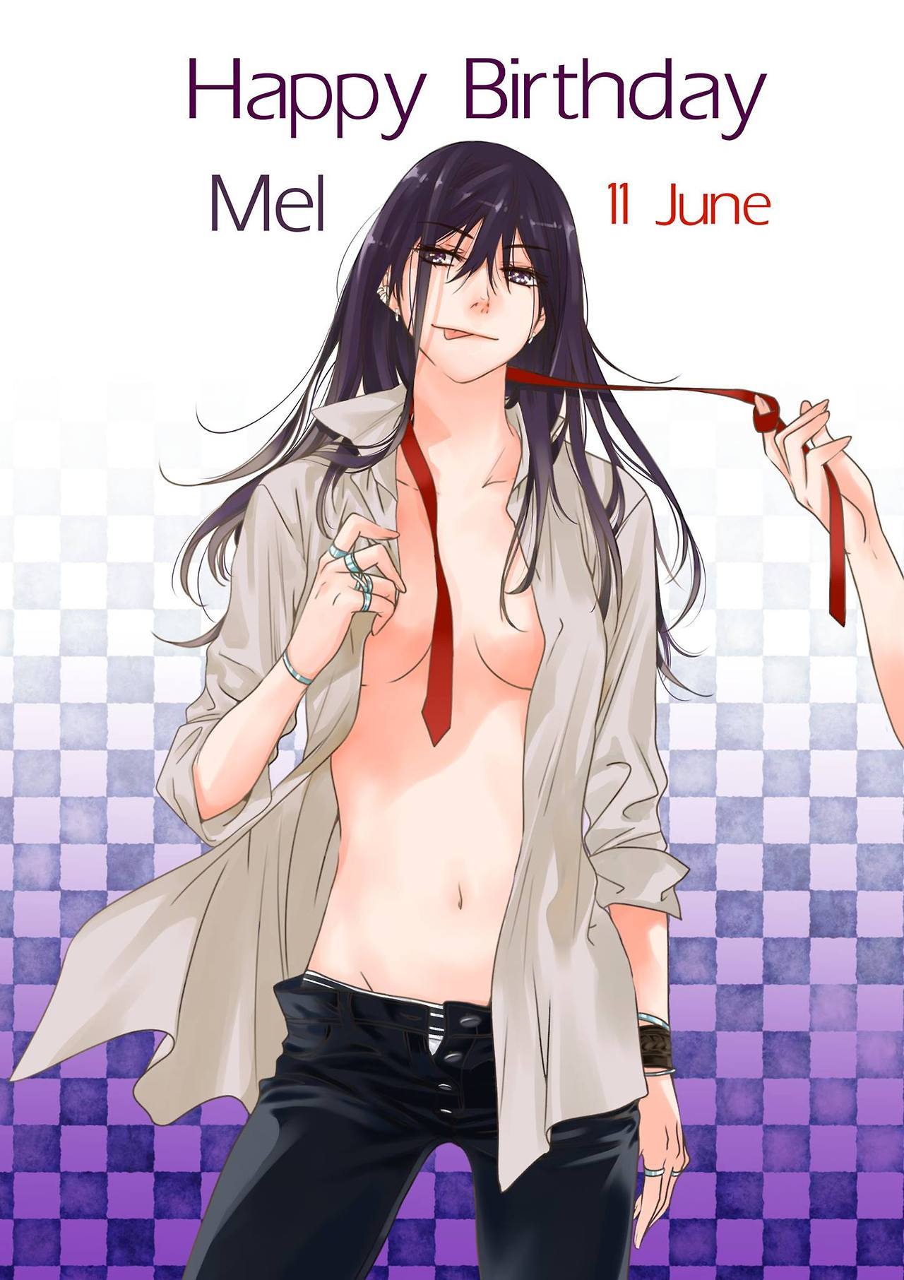 ratana satis, commentary, english commentary, highres, second-party source, 1girl, 1other, :p, black eyes, black hair, black pants, bracelet, breasts, buttons, character name, collared shirt, cowboy shot, dated, grey shirt, hand up, happy birthday, jewelry, long hair, mel sievers (pulse), navel, necktie, open clothes, open shirt, pants, pulse (ratana satis), red necktie, ring, shirt, three-quarter sleeves, tongue, tongue out, undone necktie, watch, wristwatch