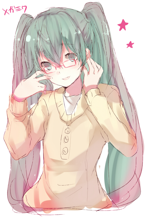 tetsuo (tashirosu), hatsune miku, vocaloid, 1girl, :d, adjusting eyewear, alternate costume, aqua hair, bespectacled, female focus, glasses, hands up, long hair, long sleeves, looking at viewer, open mouth, red-framed eyewear, simple background, sketch, smile, solo, star (symbol), sweater, twintails, upper body, white background