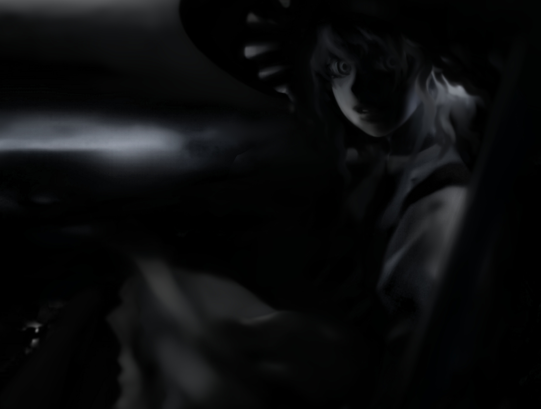 futon (kitsune tsuki), kitsune tsuki, kirisame marisa, touhou, highres, 1girl, dark, female focus, greyscale, monochrome, solo
