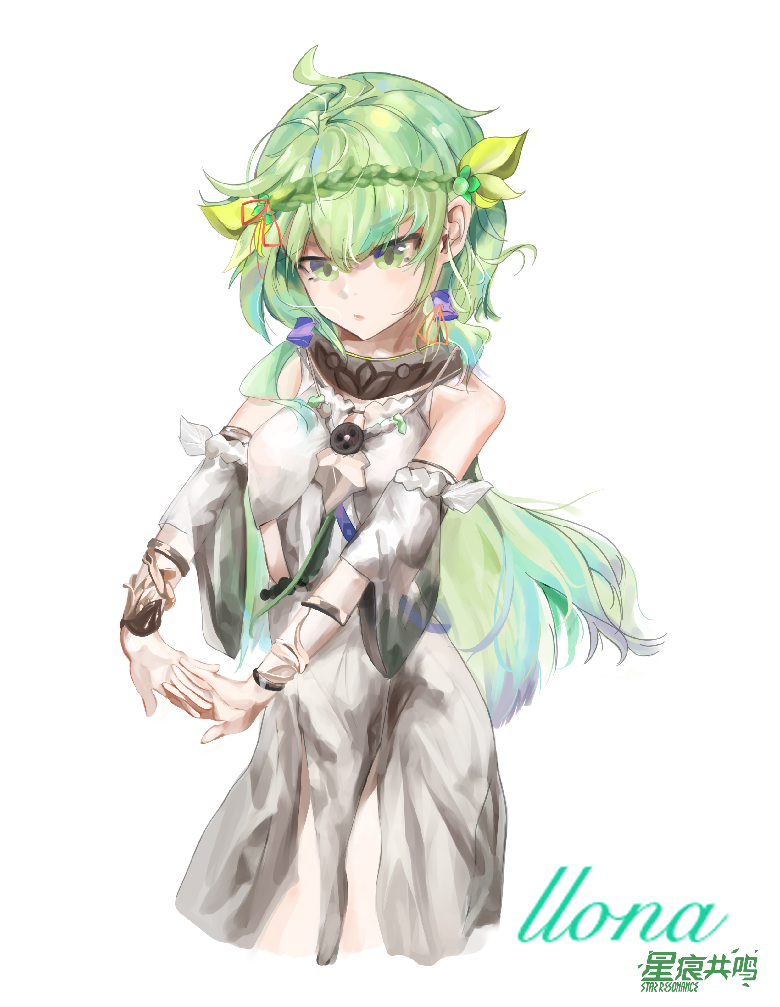 ewg7k3eutb99502, absurdres, commentary, highres, 1girl, ahoge, airona (blue protocol), artist name, bare shoulders, blue protocol: star resonance, bracelet, braid, cowboy shot, detached sleeves, dress, green eyes, green hair, interlocked fingers, jewelry, long hair, signature, solo, standing, very long hair, white background, white dress