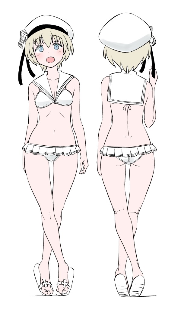 tamu (mad works), z1 leberecht maass (kancolle), z1 leberecht maass (swimsuit) (kancolle), kantai collection, 1girl, ass, bikini, bikini skirt, blonde hair, blue eyes, breasts, from behind, full body, hat, lowleg, lowleg bikini, microskirt, multiple views, sailor bikini, sailor collar, sailor hat, sandals, short hair, simple background, skirt, small breasts, swimsuit, white background, white bikini, white hat, white sailor collar