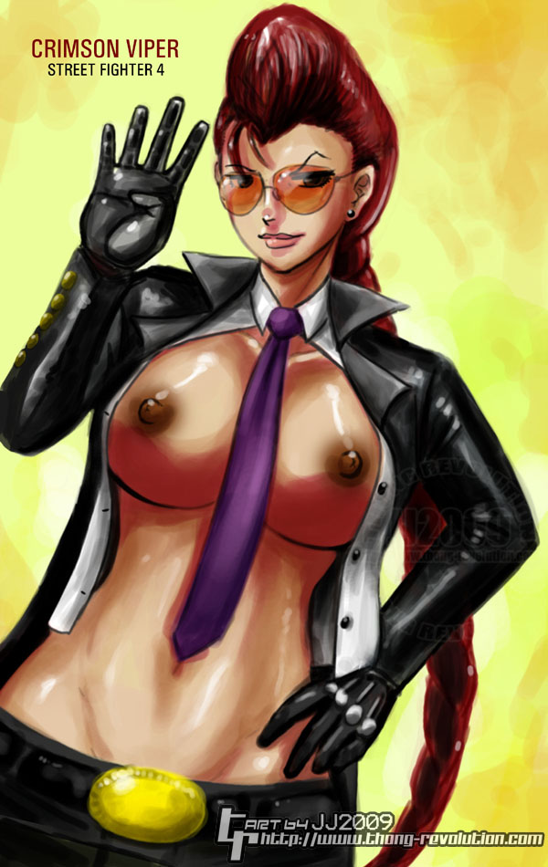 crimson viper, capcom, street fighter, street fighter iv (series), 1girl, between breasts, braid, breasts, dark-skinned female, dark skin, earrings, female focus, gloves, jacket, jewelry, large breasts, leather, long hair, midriff, necktie, open clothes, open shirt, pompadour, red hair, shirt, smirk, solo, sunglasses, watermark