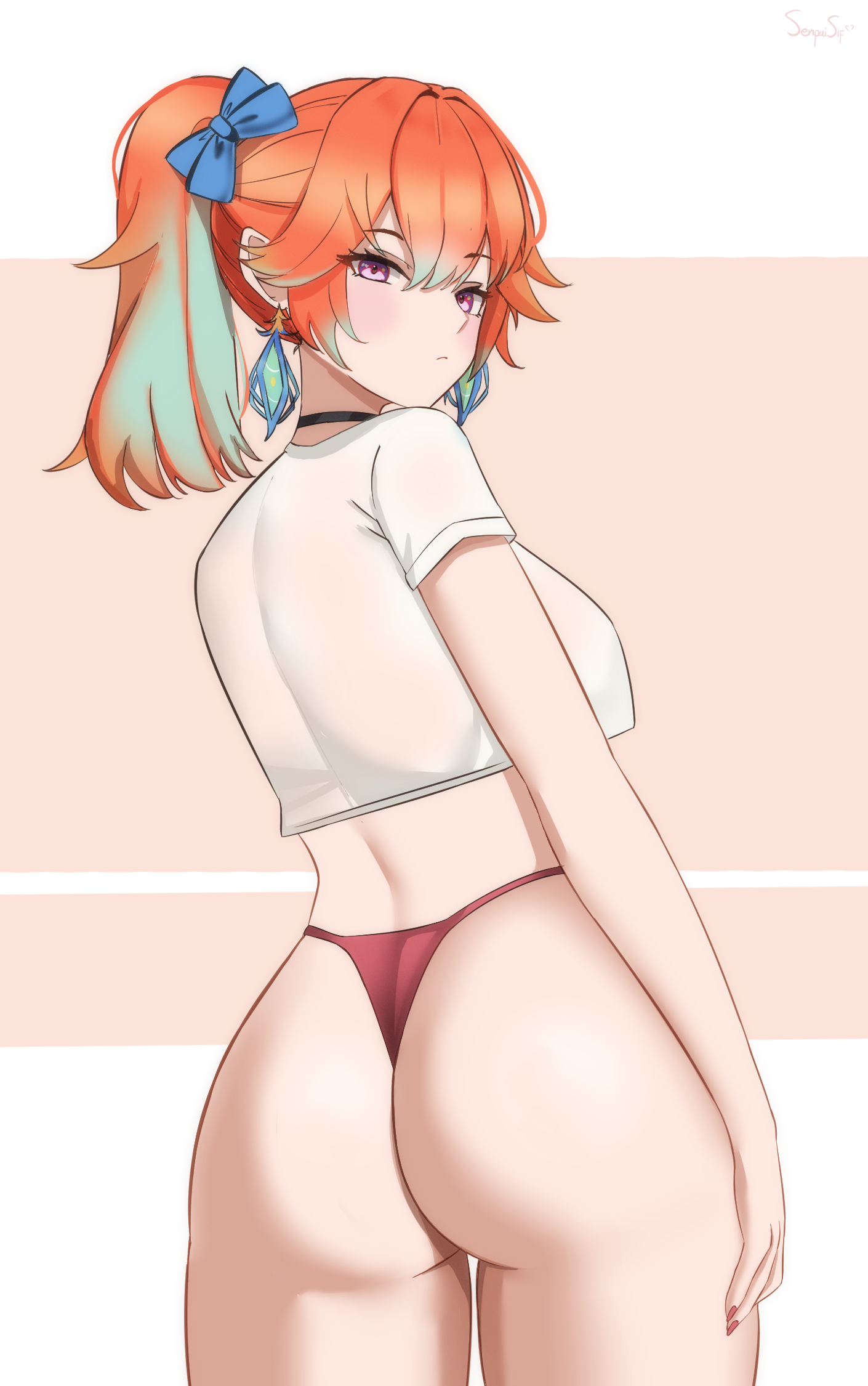 senpaisif, takanashi kiara, hololive, hololive english, highres, 1girl, ass, black choker, blue bow, bow, breasts, choker, cowboy shot, from behind, gradient hair, hair bow, high ponytail, large breasts, looking at viewer, looking back, multicolored hair, orange hair, panties, ponytail, purple eyes, red panties, shirt, solo, thong, two-tone hair, underwear, virtual youtuber, white shirt