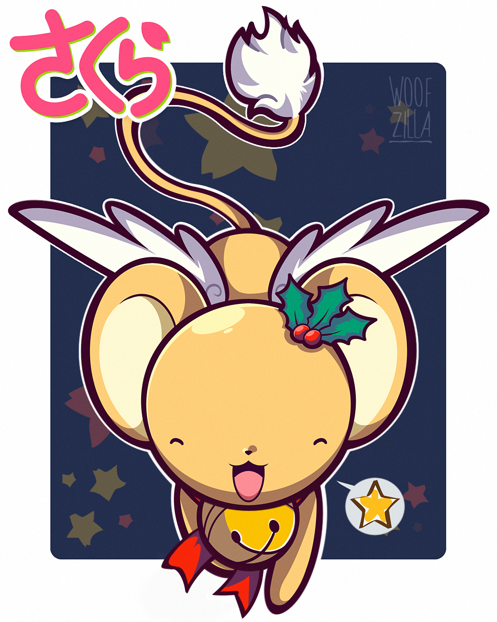 woofzilla, kero (cardcaptor sakura), cardcaptor sakura, commentary, english commentary, highres, translation request, bell, border, closed eyes, full body, hair ornament, holly hair ornament, jingle bell, no humans, open mouth, solo, spoken star, star (symbol), white border