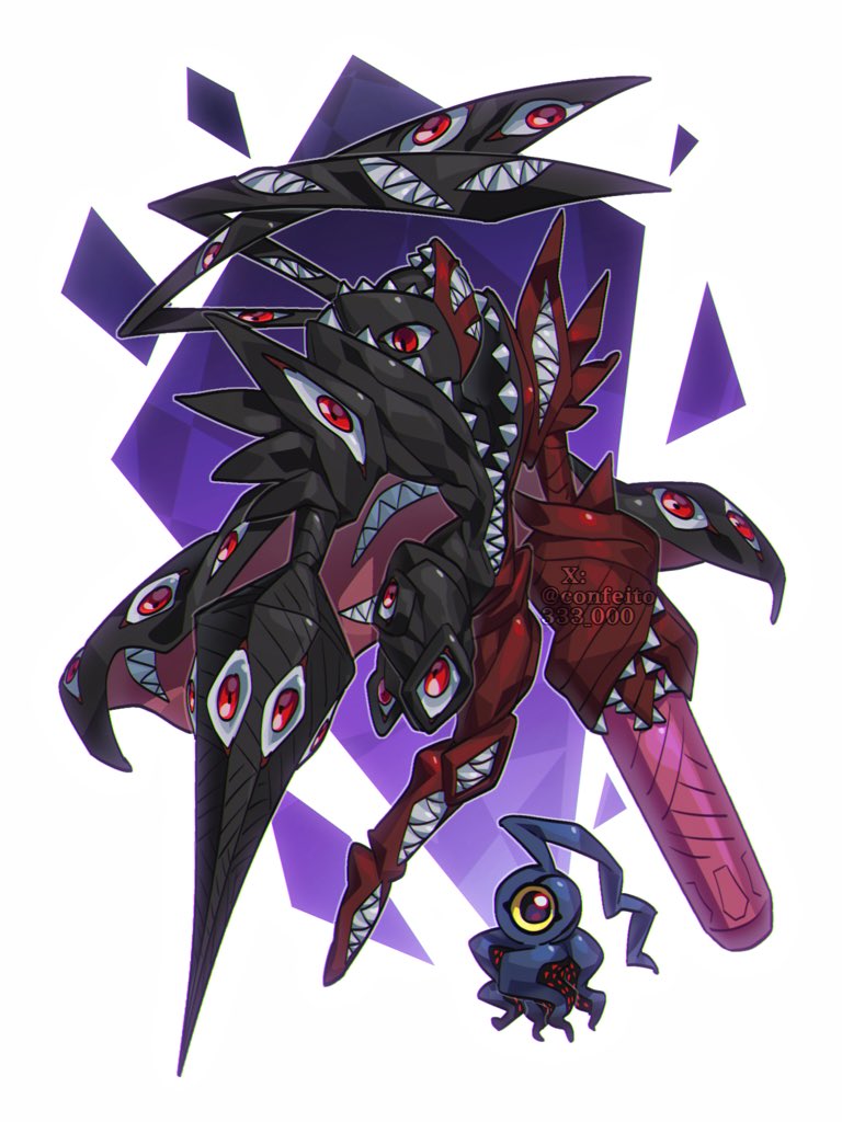 confeito000 333, abbadomon, abbadomon core, digimon, arm blade, arm cannon, black skin, colored skin, digimon (creature), extra eyes, extra mouth, multicolored skin, negamon, red eyes, red skin, sharp teeth, simple background, solo focus, teeth, two-tone skin, weapon, white background