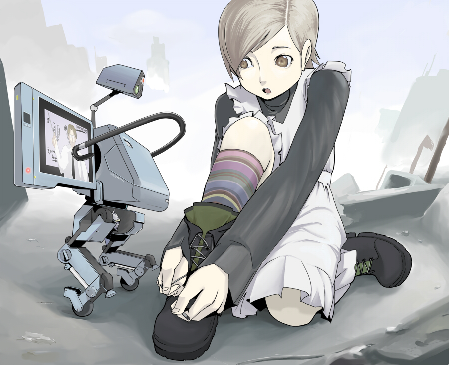 kishuu, hal emmerich, metal gear mk. ii, metal gear mk ii, sunny emmerich, metal gear (series), metal gear solid 4: guns of the patriots, striped legwear, 1girl, apron, boots, brown eyes, grey hair, kneeling, lace-up boots, mecha, open mouth, robot, short hair, socks, striped clothes, striped socks