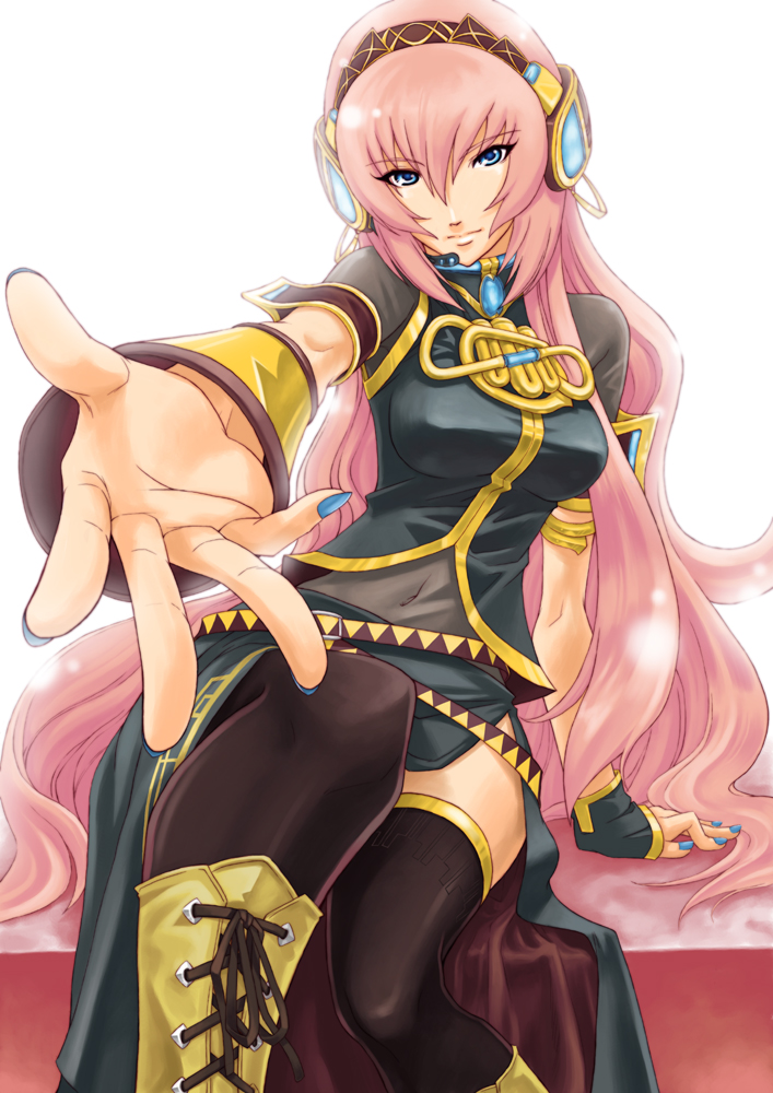 romamu, romamu888 (pixiv182603), megurine luka, vocaloid, blue eyes, foreshortening, long hair, pink hair, sitting, solo, thighhighs, very long hair