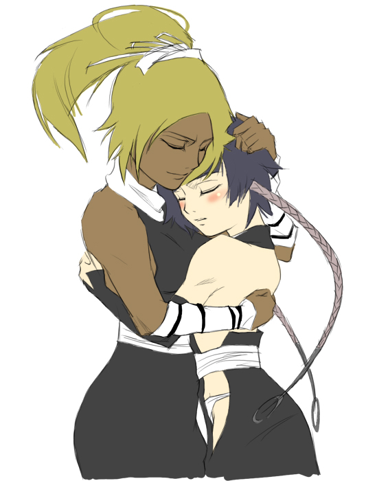 shihouin yoruichi, sui-feng, bleach, 00s, 2girls, alternate hair color, blonde hair, blue hair, closed eyes, dark-skinned female, dark skin, gloves, hakama, hakama skirt, hug, japanese clothes, multiple girls, ponytail, short hair with long locks, skirt, twintails, yuri