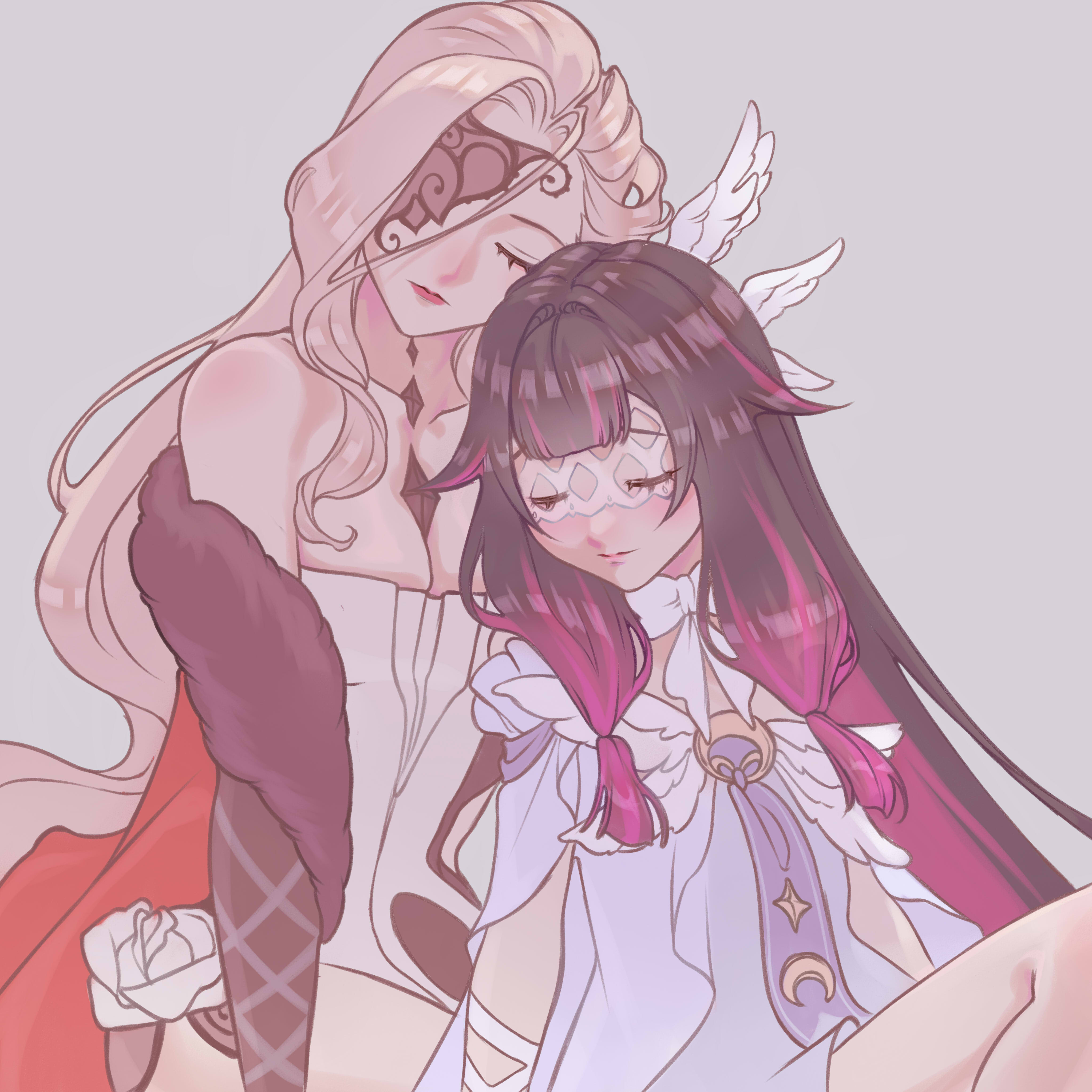 luverihu, columbina (genshin impact), signora (genshin impact), genshin impact, absurdres, highres, 2girls, bare shoulders, black gloves, black hair, blonde hair, breasts, cleavage, closed eyes, dress, elbow gloves, eye mask, fur trim, gloves, head wings, lace-trimmed eyepatch, long hair, mask, multicolored hair, multiple girls, one eye covered, pink hair, simple background, studded gloves, two-tone hair, white background, white dress, wings, yuri