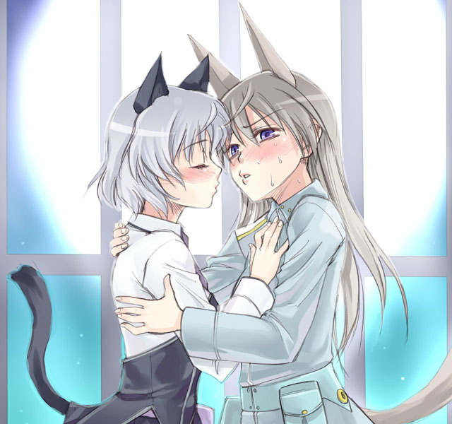 satou atsuki, eila ilmatar juutilainen, sanya v. litvyak, strike witches, world witches series, 00s, 2girls, animal ears, blue eyes, blush, closed eyes, couple, grey hair, hug, imminent kiss, military, military uniform, multiple girls, sweat, tail, yuri