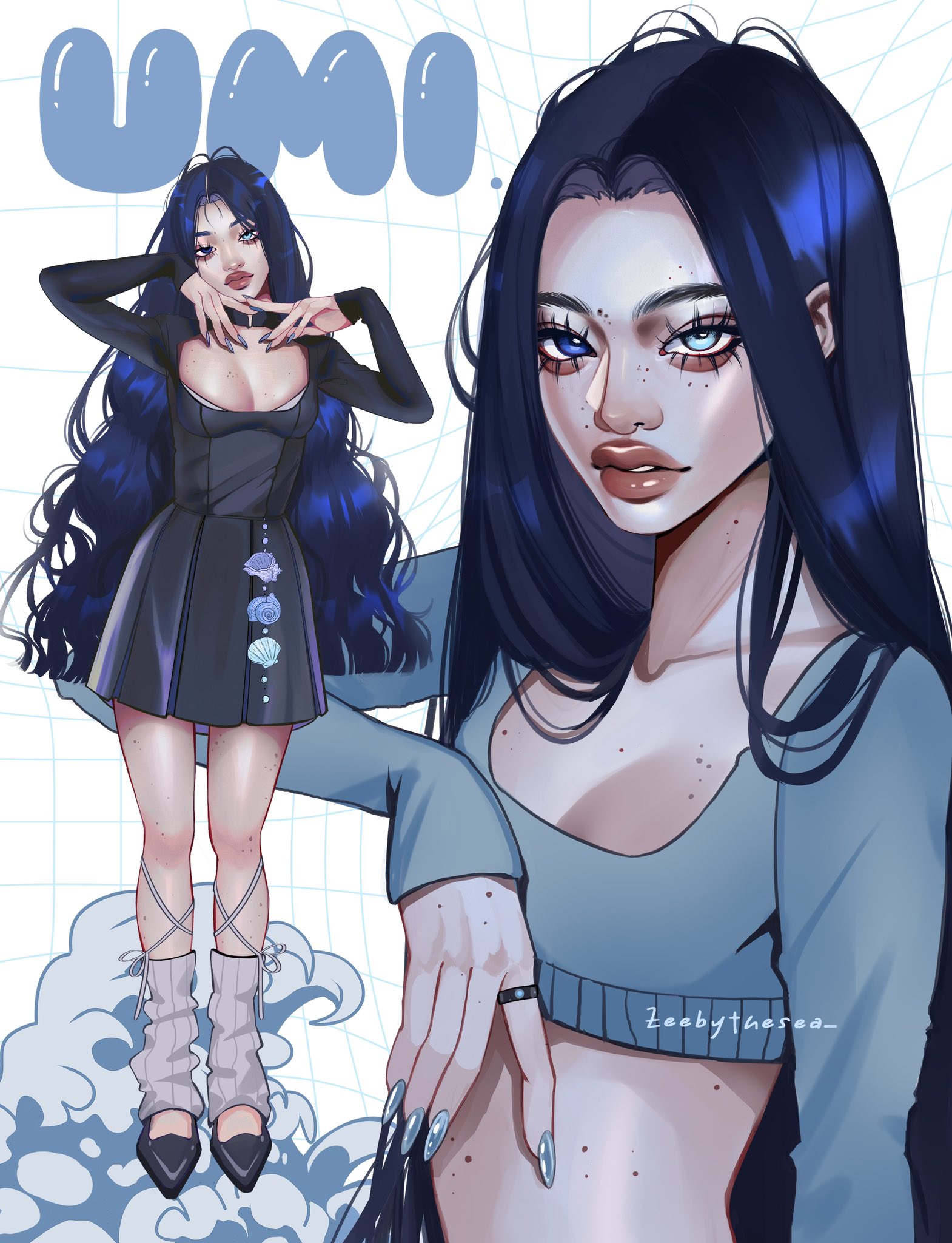 zeebythesea, umi (zeebythesea), kanagawa okinami ura, original, highres, 1girl, abstract background, aegyo sal, arm up, arms up, artist name, asian, black dress, black shoes, blue eyes, blue hair, blue nails, blue sweater, breasts, character name, cleavage, closed mouth, cropped sweater, dress, eyelashes, fashion, fine art parody, fingernails, forehead, full body, grid background, head on hand, heterochromia, high collar, jewelry, kitten heels, leg warmers, long fingernails, long hair, looking at viewer, medium breasts, modeling, mole, mole on breast, mole on cheek, mole on forehead, mole on hand, mole on leg, mole on neck, mole on stomach, multiple moles, nail polish, parody, parted bangs, parted lips, pleated dress, ring, scoop neck, shell, shoes, sleeves past wrists, square neckline, straight hair, sweater, thick eyebrows, thick lips, upper body, very long hair, wavy hair, white leg warmers