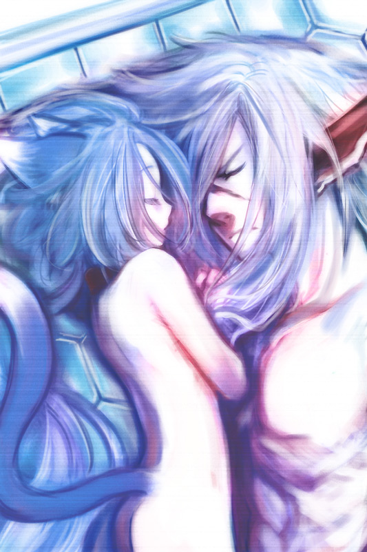 doraeshi, arumat p. thanatos, meracle chamlotte, star ocean, star ocean: the last hope, 1boy, 1girl, animal ears, cat ears, cat tail, closed eyes, couple, ear covers, hetero, long hair, lying, nude, pointy ears, scar, size difference, sleeping, tail, topless male