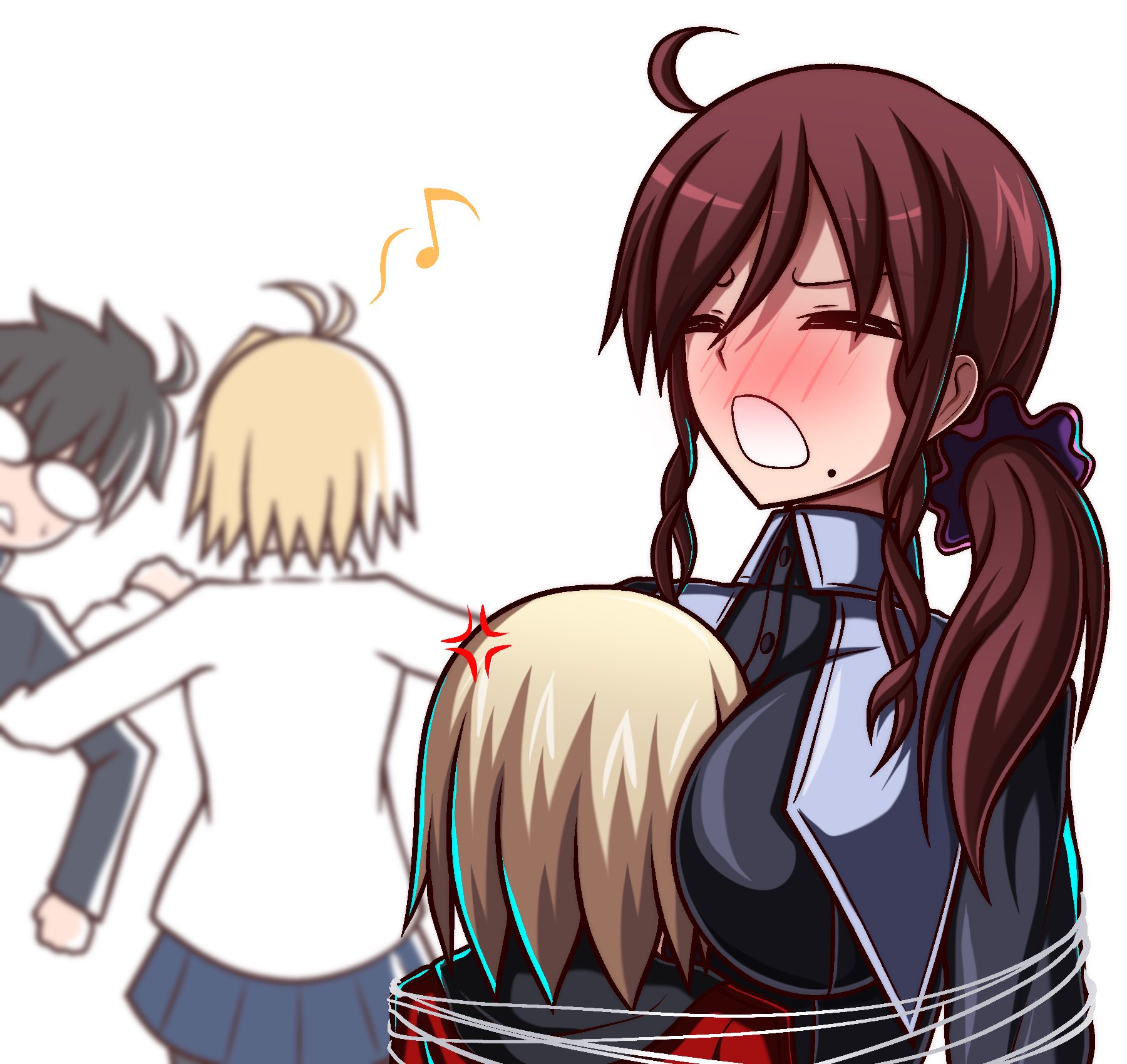 sakurello, arcueid brunestud, mario gallo bestino, noel (tsukihime), tohno shiki, tsukihime, tsukihime (remake), highres, 2boys, 2girls, ahoge, bdsm, between breasts, blonde hair, blue skirt, blush, bondage, bound, breasts, brown hair, closed eyes, glasses, hair between eyes, hair ornament, hair scrunchie, hood, hoodie, large breasts, miniskirt, mole, mole under mouth, multiple boys, multiple girls, musical note, nun, open mouth, piano machine (type-moon), red hoodie, school uniform, scrunchie, short hair, side ponytail, skirt, souya high school uniform, sweat, sweater, tunic, turtleneck, turtleneck sweater, wing collar