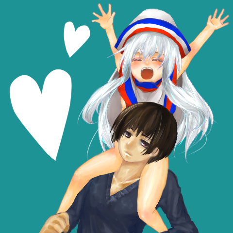 hakata-san, original, lowres, 1boy, 1girl, carrying, hat, heart, piggyback, shoulder carry, white hair