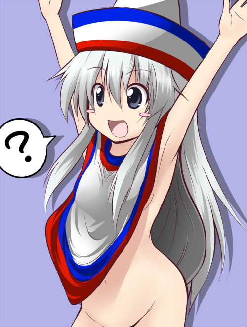 chipa (arutana), hakata-san, original, 1girl, ?, armpits, arms up, blush stickers, bottomless, female focus, happy, hat, mexico, naked poncho, no nose, o/, out-of-frame censoring, outstretched arms, poncho, solo, sombrero, speech bubble, spoken question mark, white hair