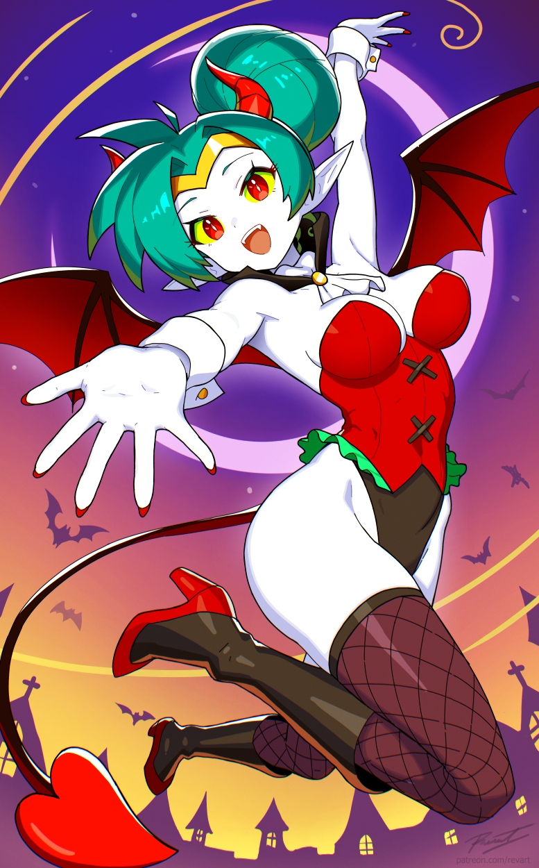 revenantart, shantae, shantae (series), commentary, english commentary, highres, 1girl, alternate costume, alternate eye color, alternate hair color, alternate hairstyle, arm up, ass, bat (animal), boots, breasts, bright pupils, building, circlet, colored sclera, crescent moon, demon girl, demon horns, demon tail, demon wings, detached collar, eyelashes, fang, fingernails, fishnet thighhighs, fishnets, full body, green hair, hair bun, high heel boots, high heels, horns, leotard, moon, nail polish, night, open mouth, pointy ears, reaching, reaching towards viewer, red eyes, red horns, red leotard, red nails, single hair bun, sky, smile, solo, star (sky), strapless, strapless leotard, tail, teeth, thighhighs, thighs, upper teeth only, white pupils, wings, wrist cuffs, yellow sclera