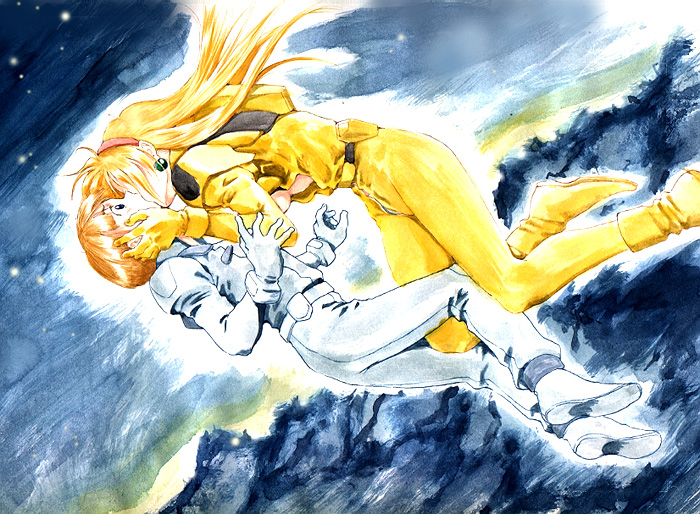 katejina loos, uso evin, uso ewin, gundam, victory gundam, pilot suit, spoilers, 1990s (style), 1boy, 1girl, blonde hair, hetero, kiss, long hair, mecha pilot suit, normal suit (gundam), open clothes, retro artstyle, surprised