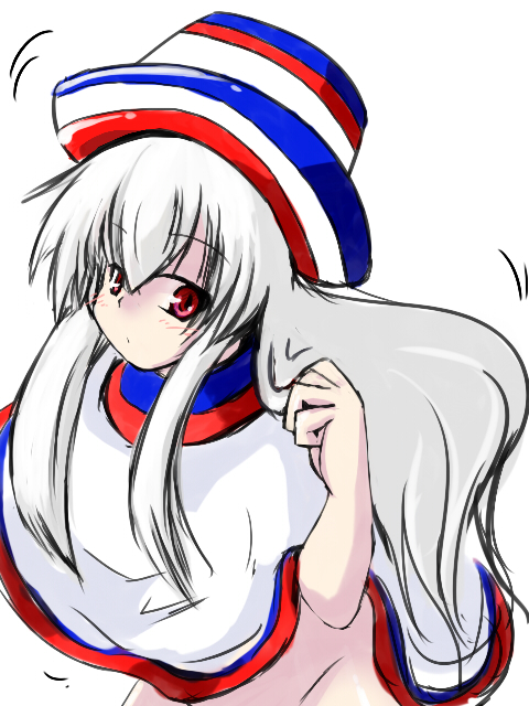 coo (coonekocoo), hakata-san, original, 1girl, blush, female focus, hat, long hair, looking at viewer, mexico, red eyes, sidelocks, solo, very long hair, white hair