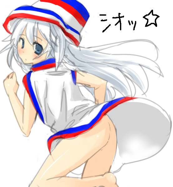 hakata-san, original, 1girl, ass, barefoot, female focus, hat, naked poncho, poncho, solo, white hair