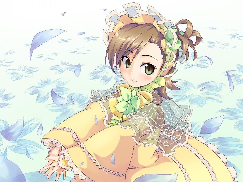 hakkaku shikimi, futami mami, idolmaster, idolmaster (classic), idolmaster 1, 00s, 1girl, bonnet, brown hair, dress, female focus, flower, green eyes, looking at viewer, short hair, side ponytail, solo