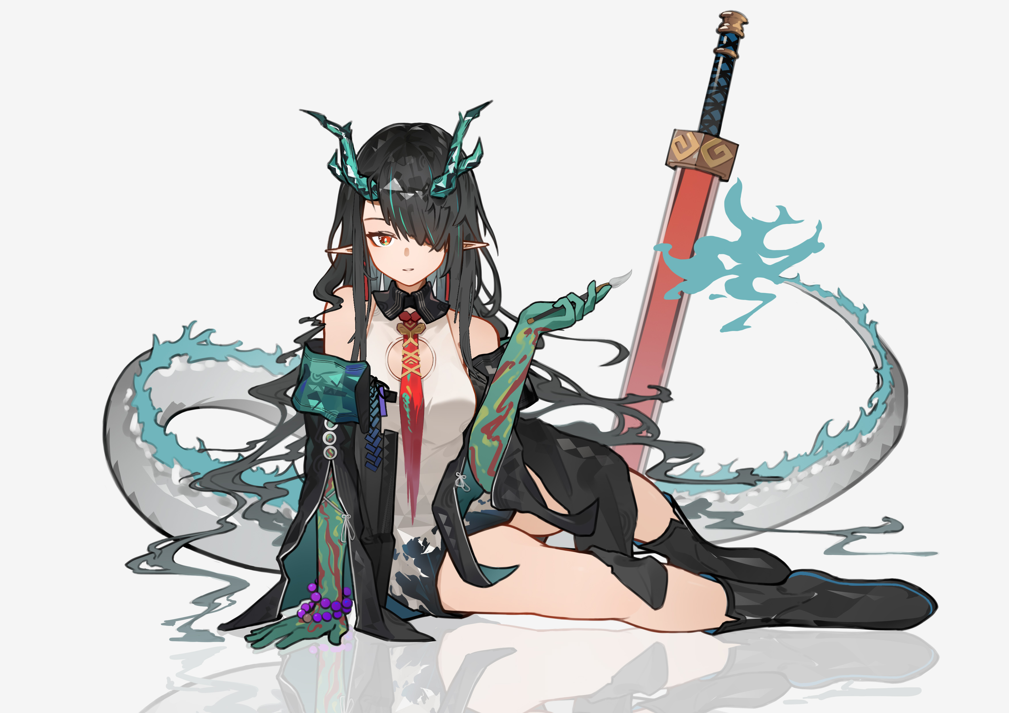 northernw, dusk (arknights), arknights, absurdres, highres, 1girl, arm support, bare shoulders, beads, black boots, black hair, black jacket, boots, breasts, bright pupils, cleavage cutout, clothing cutout, collared dress, colored extremities, contrast collar, dragon girl, dragon horns, dragon tail, dress, earrings, grey background, hair over one eye, holding, holding paintbrush, horns, jacket, jewelry, knee boots, long hair, looking at viewer, medium breasts, necktie, off shoulder, one eye covered, orange eyes, paintbrush, parted lips, planted, planted sword, planted weapon, pointy ears, red necktie, reflection, reflective floor, short dress, simple background, sleeveless, sleeveless dress, solo, sword, tail, torn clothes, torn necktie, weapon, white dress, white pupils